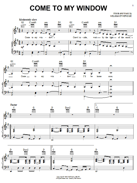 Melissa Etheridge Come To My Window sheet music notes and chords. Download Printable PDF.