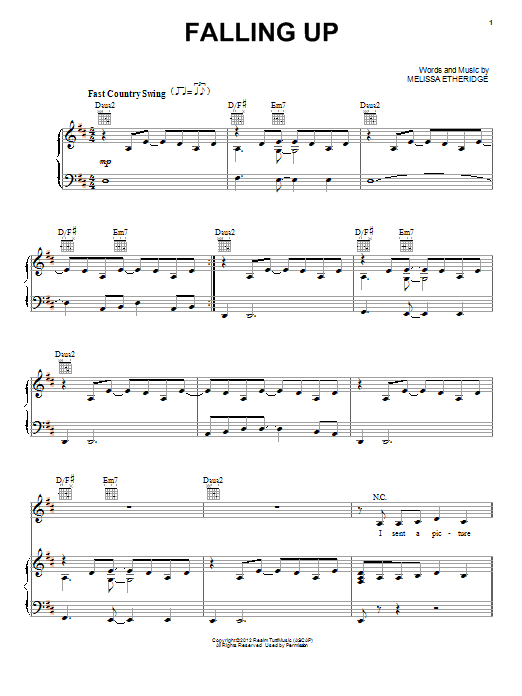 Learn to play Melissa Etheridge Falling Up sheet music for Piano, Vocal & Guitar Chords (Right-Hand Melody) in minutes. Price: 7.8900$ Melissa Etheridge Falling Up sheet music notes and chords arranged for Piano, Vocal & Guitar Chords (Right-Hand Melody)