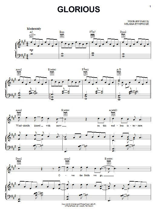 Learn to play Melissa Etheridge Glorious sheet music for Piano, Vocal & Guitar Chords (Right-Hand Melody) in minutes. Price: 7.8900$ Melissa Etheridge Glorious sheet music notes and chords arranged for Piano, Vocal & Guitar Chords (Right-Hand Melody)