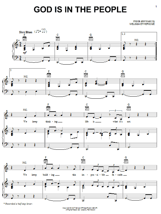 Learn to play Melissa Etheridge God Is In The People sheet music for Piano, Vocal & Guitar Chords (Right-Hand Melody) in minutes. Price: 7.8900$ Melissa Etheridge God Is In The People sheet music notes and chords arranged for Piano, Vocal & Guitar Chords (Right-Hand Melody)