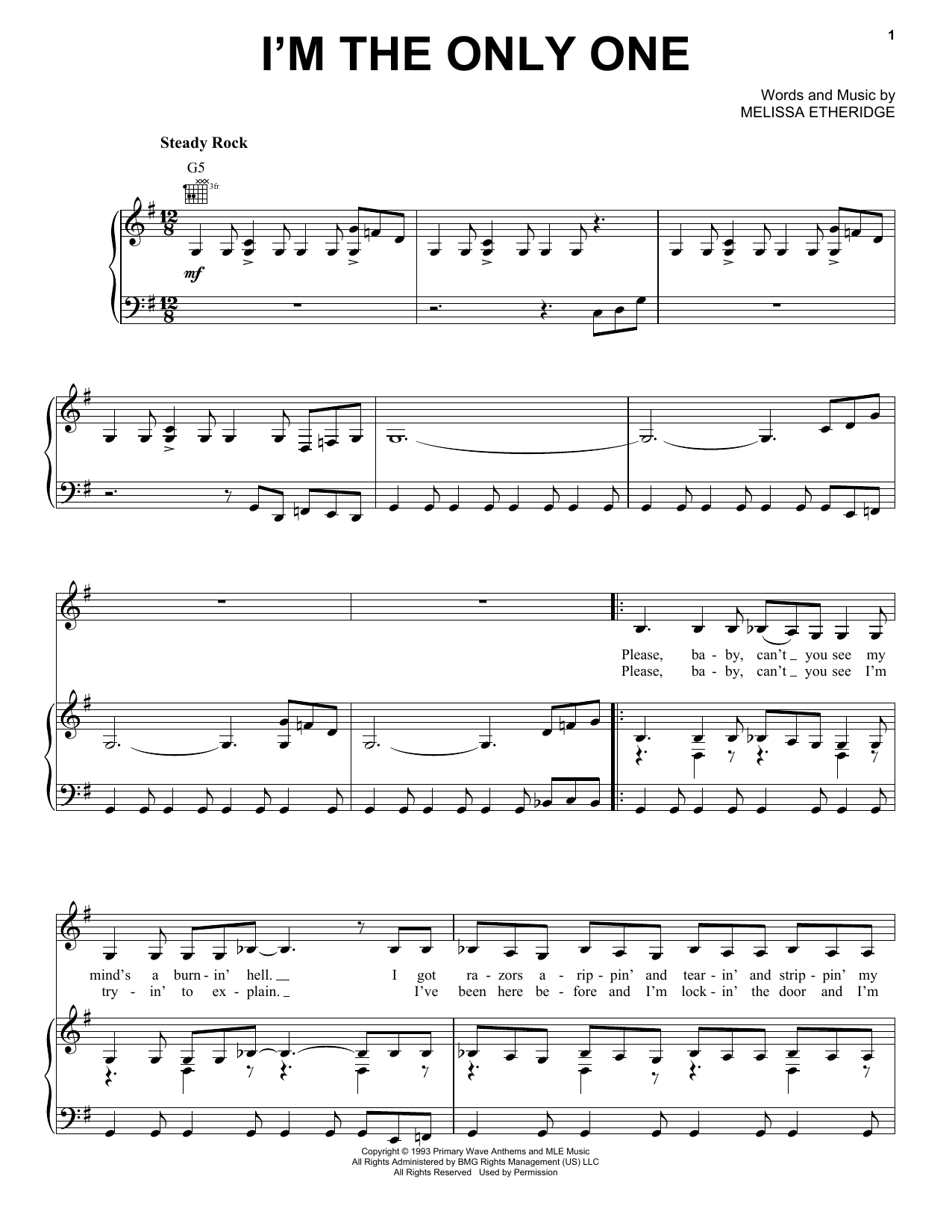 Melissa Etheridge I'm The Only One sheet music notes and chords. Download Printable PDF.