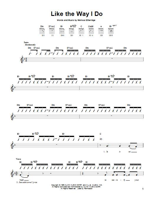 Melissa Etheridge Like The Way I Do sheet music notes and chords. Download Printable PDF.