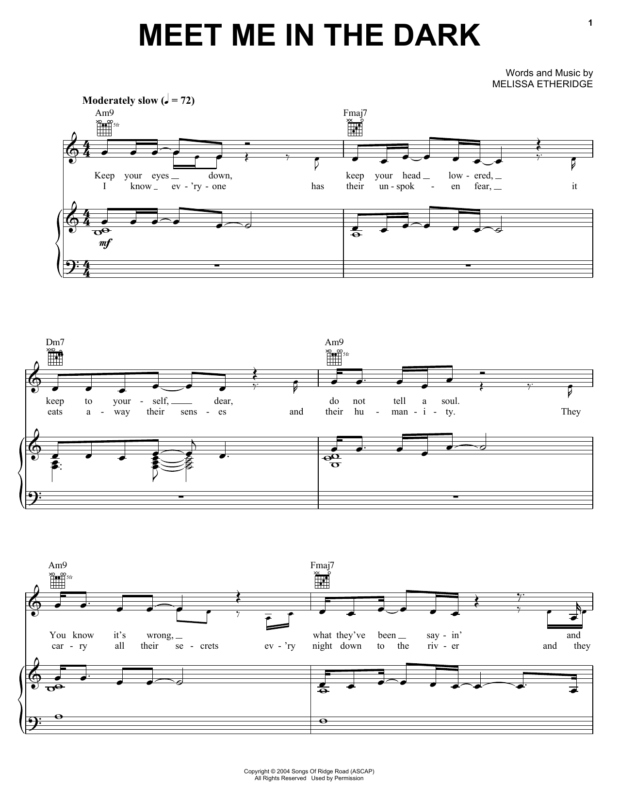 Learn to play Melissa Etheridge Meet Me In The Dark sheet music for Piano, Vocal & Guitar Chords (Right-Hand Melody) in minutes. Price: 7.8900$ Melissa Etheridge Meet Me In The Dark sheet music notes and chords arranged for Piano, Vocal & Guitar Chords (Right-Hand Melody)