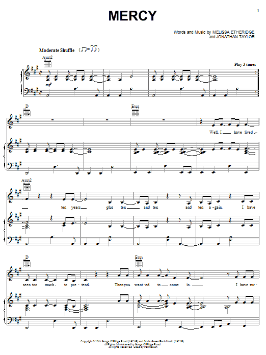 Learn to play Melissa Etheridge Mercy sheet music for Piano, Vocal & Guitar Chords (Right-Hand Melody) in minutes. Price: 7.8900$ Melissa Etheridge Mercy sheet music notes and chords arranged for Piano, Vocal & Guitar Chords (Right-Hand Melody)