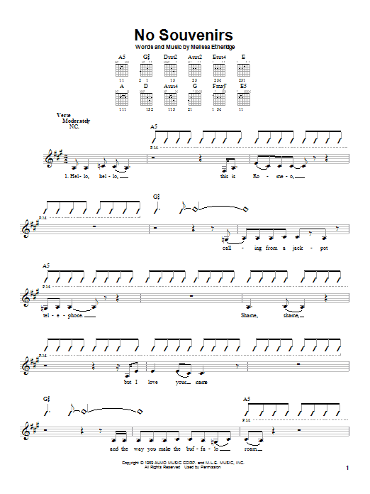 Learn to play Melissa Etheridge No Souvenirs sheet music for Piano, Vocal & Guitar Chords (Right-Hand Melody) in minutes. Price: 7.8900$ Melissa Etheridge No Souvenirs sheet music notes and chords arranged for Piano, Vocal & Guitar Chords (Right-Hand Melody)