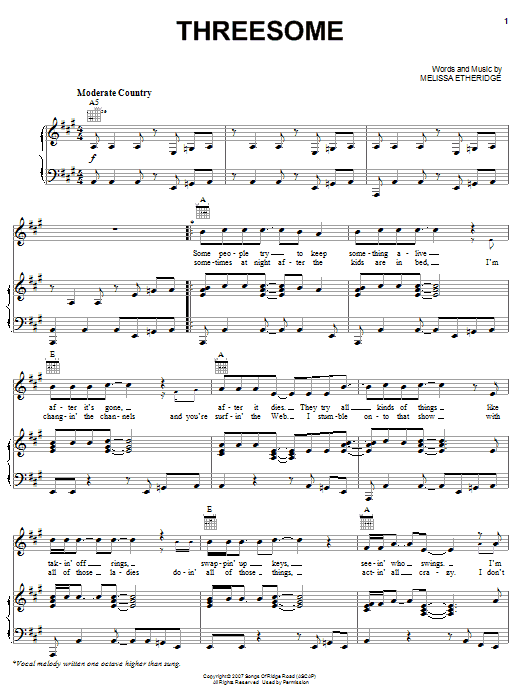 Learn to play Melissa Etheridge Threesome sheet music for Piano, Vocal & Guitar Chords (Right-Hand Melody) in minutes. Price: 7.8900$ Melissa Etheridge Threesome sheet music notes and chords arranged for Piano, Vocal & Guitar Chords (Right-Hand Melody)