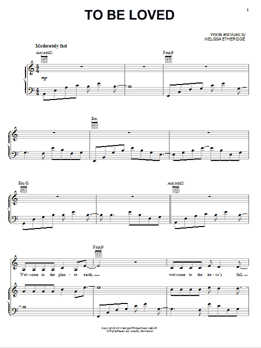 Learn to play Melissa Etheridge To Be Loved sheet music for Piano, Vocal & Guitar Chords (Right-Hand Melody) in minutes. Price: 7.8900$ Melissa Etheridge To Be Loved sheet music notes and chords arranged for Piano, Vocal & Guitar Chords (Right-Hand Melody)