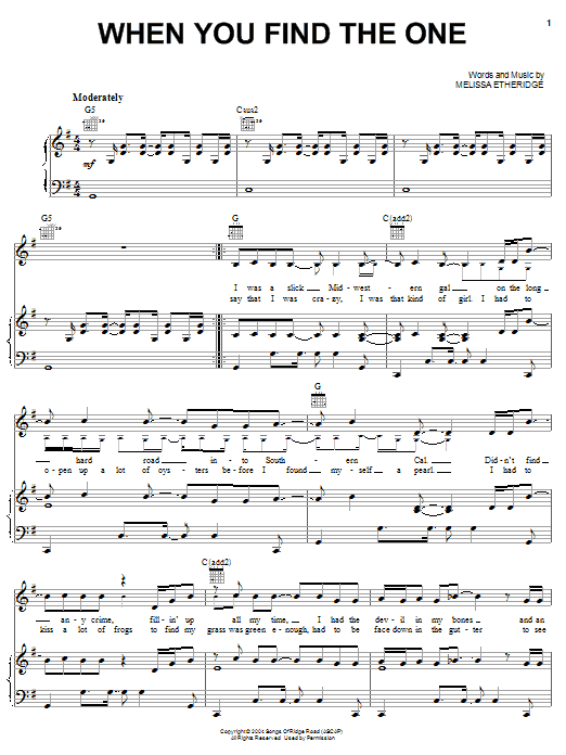 Melissa Etheridge When You Find The One sheet music notes and chords arranged for Piano, Vocal & Guitar Chords (Right-Hand Melody)