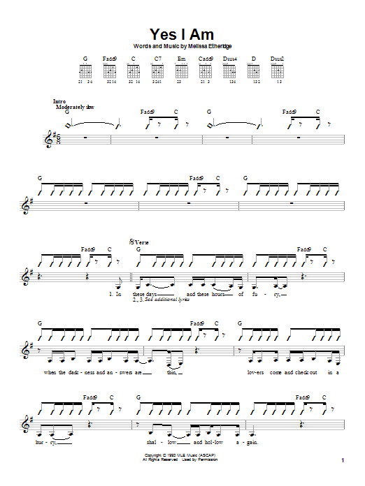 Learn to play Melissa Etheridge Yes I Am sheet music for Guitar Tab in minutes. Price: 7.8900$ Melissa Etheridge Yes I Am sheet music notes and chords arranged for Guitar Tab