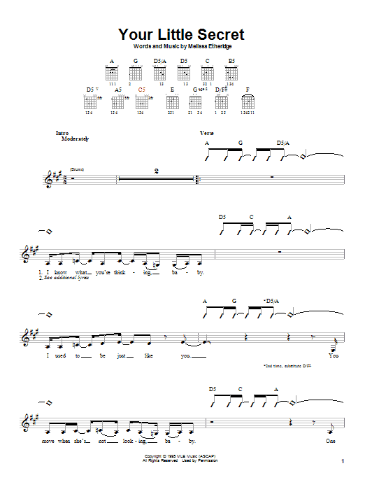 Melissa Etheridge Your Little Secret sheet music notes and chords. Download Printable PDF.