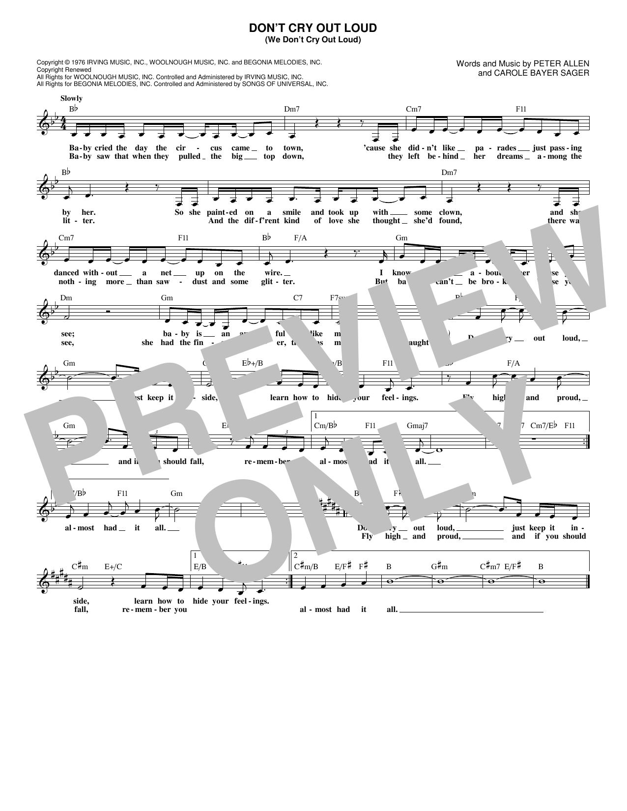 Melissa Manchester Don't Cry Out Loud (We Don't Cry Out Loud) sheet music notes and chords. Download Printable PDF.