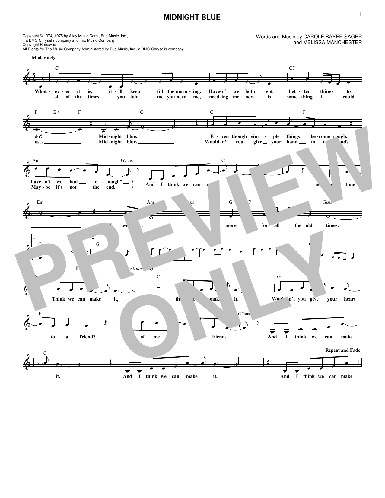 Melissa Manchester Midnight Blue sheet music notes and chords arranged for Easy Piano