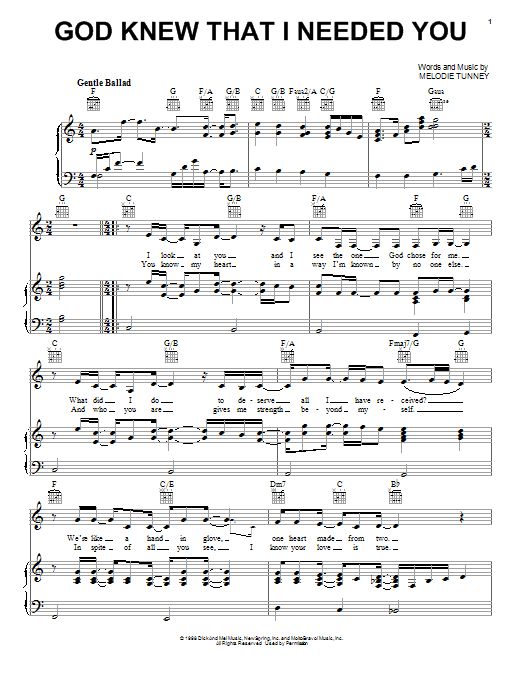 Learn to play Dick & Mel Tunney God Knew That I Needed You sheet music for Piano, Vocal & Guitar Chords (Right-Hand Melody) in minutes. Price: 7.8900$ Dick & Mel Tunney God Knew That I Needed You sheet music notes and chords arranged for Piano, Vocal & Guitar Chords (Right-Hand Melody)
