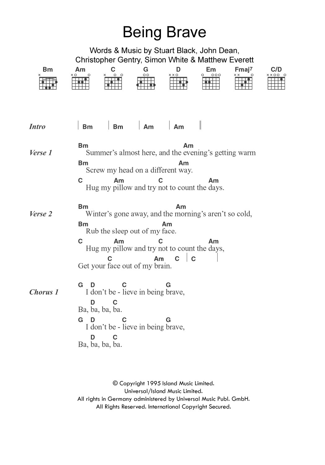 Menswear Being Brave sheet music notes and chords. Download Printable PDF.