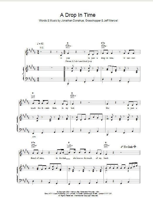 Learn to play Mercury Rev A Drop In Time sheet music for Piano, Vocal & Guitar Chords in minutes. Price: 7.8900$ Mercury Rev A Drop In Time sheet music notes and chords arranged for Piano, Vocal & Guitar Chords