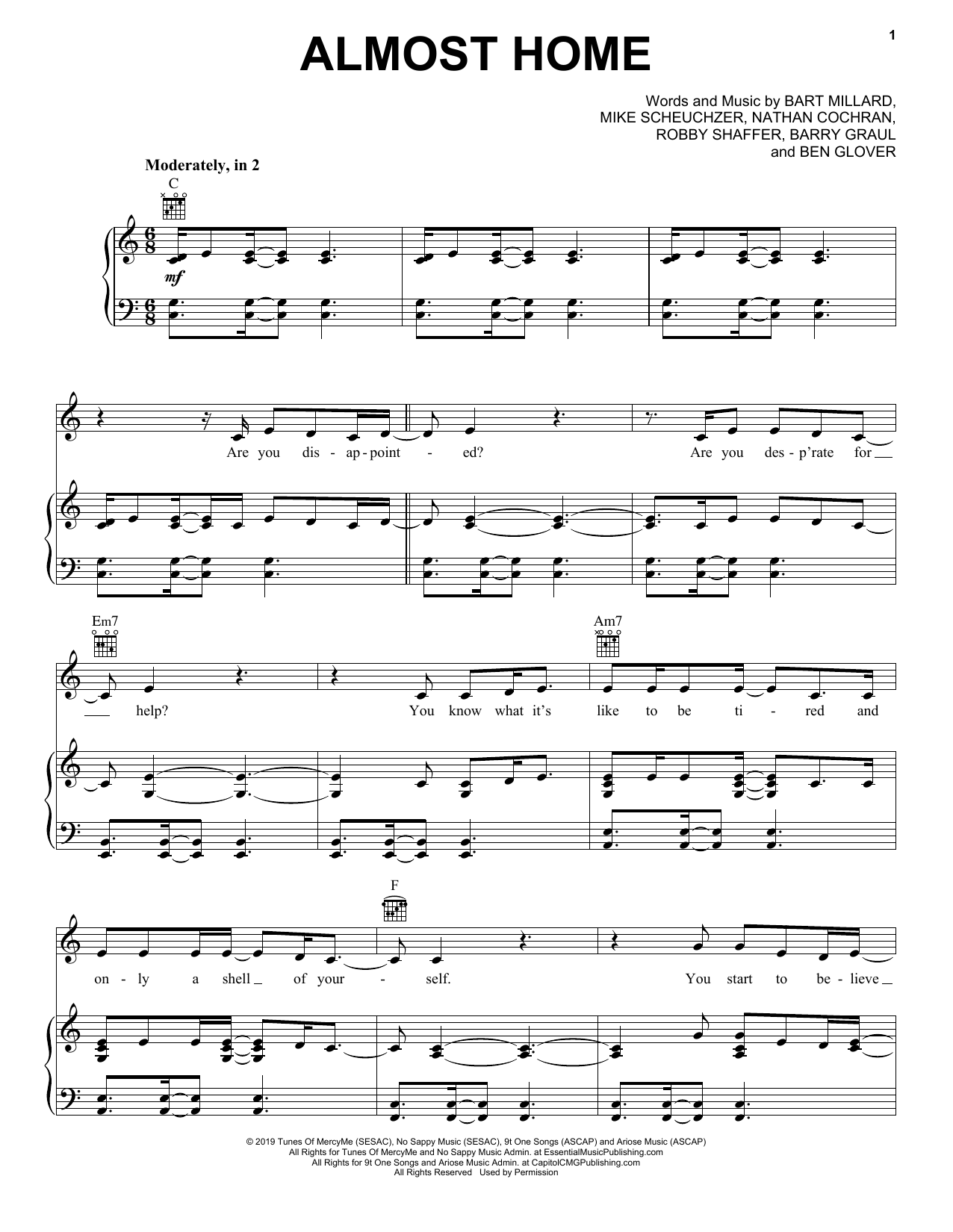 MercyMe Almost Home sheet music notes and chords. Download Printable PDF.