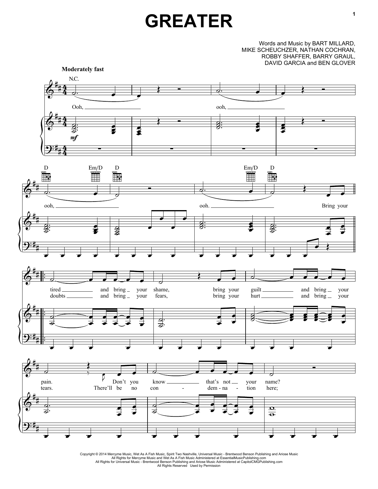 MercyMe Greater sheet music notes and chords. Download Printable PDF.