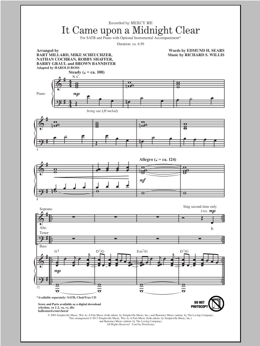 MercyMe It Came Upon A Midnight Clear (arr. Harold Ross) sheet music notes and chords. Download Printable PDF.