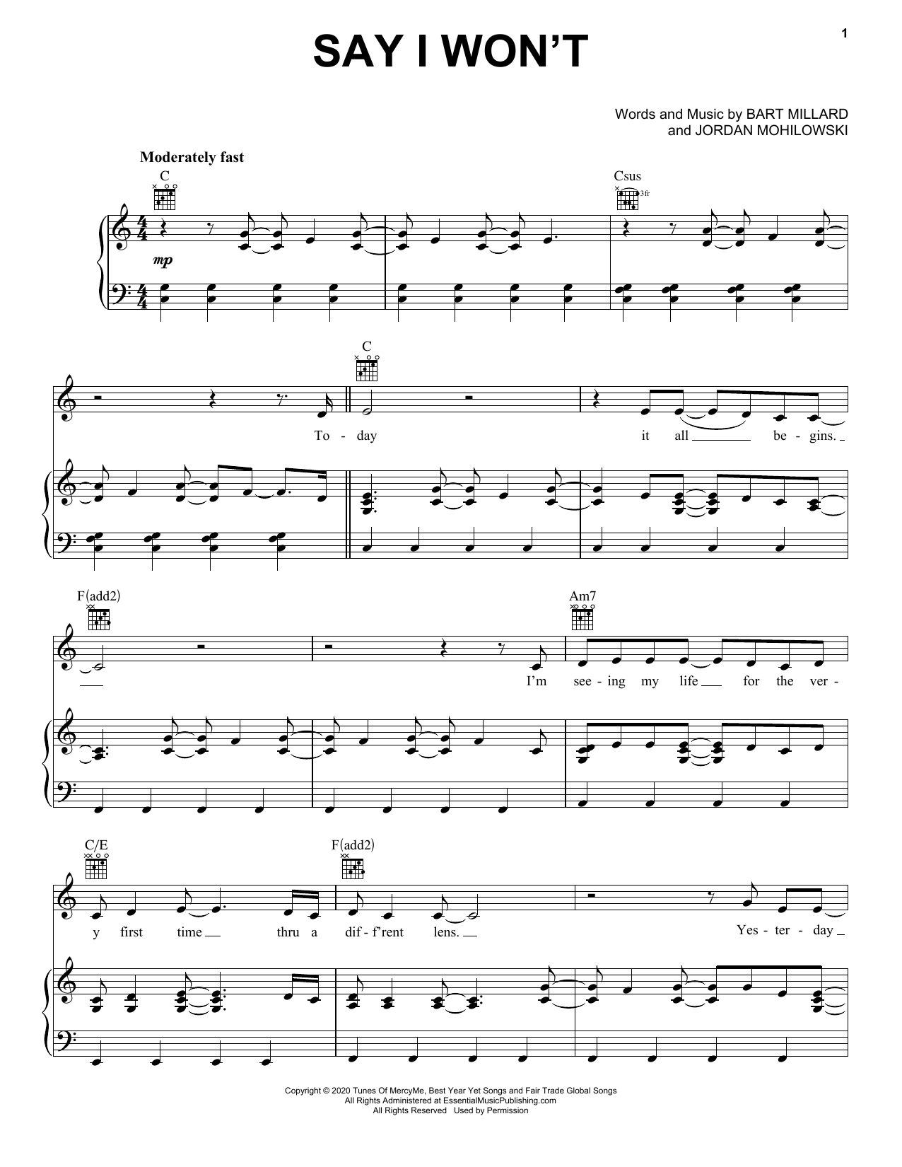 MercyMe Say I Won't sheet music notes and chords. Download Printable PDF.