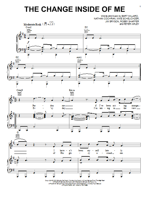 Learn to play MercyMe The Change Inside Of Me sheet music for Piano, Vocal & Guitar Chords (Right-Hand Melody) in minutes. Price: 7.8900$ MercyMe The Change Inside Of Me sheet music notes and chords arranged for Piano, Vocal & Guitar Chords (Right-Hand Melody)