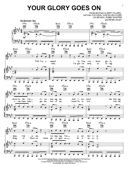 Learn to play MercyMe Your Glory Goes On sheet music for Piano, Vocal & Guitar Chords (Right-Hand Melody) in minutes. Price: 7.8900$ MercyMe Your Glory Goes On sheet music notes and chords arranged for Piano, Vocal & Guitar Chords (Right-Hand Melody)