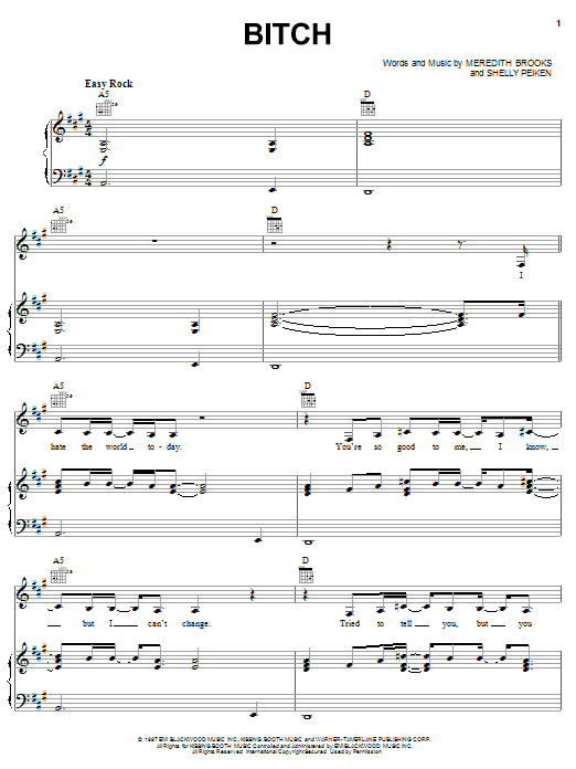 Meredith Brooks Bitch sheet music notes and chords. Download Printable PDF.