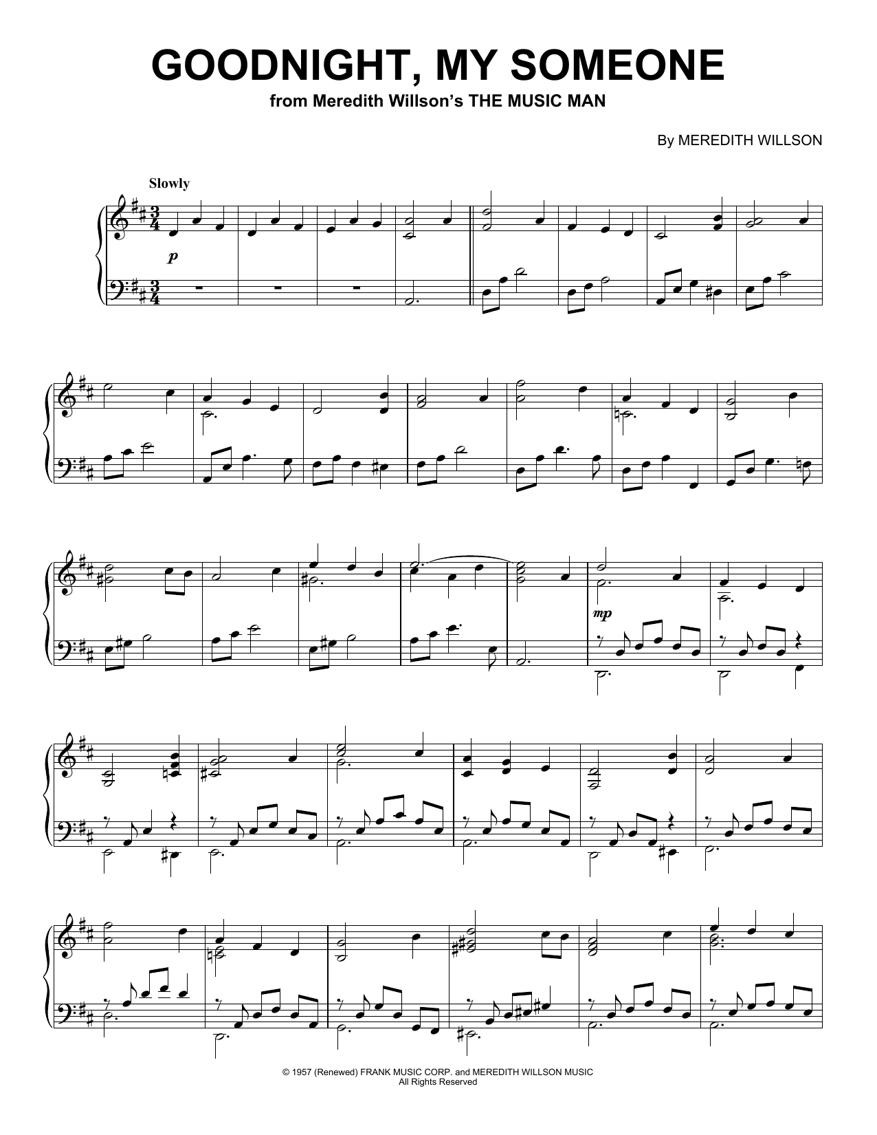 Learn to play Meredith Willson Goodnight, My Someone (from The Music Man) (Peaceful Piano Solo) sheet music for Piano Solo in minutes. Price: 7.8900$ Meredith Willson Goodnight, My Someone (from The Music Man) (Peaceful Piano Solo) sheet music notes and chords arranged for Piano Solo