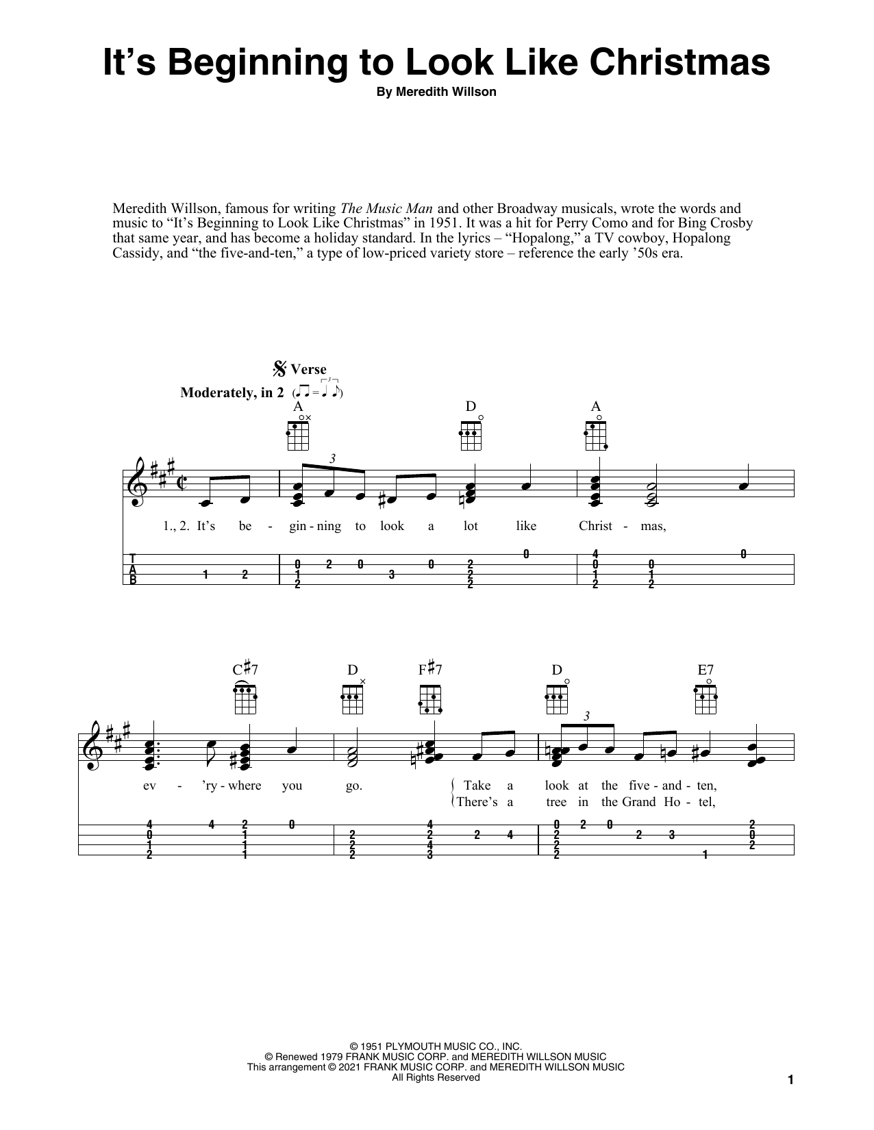 Learn to play Meredith Willson It's Beginning To Look Like Christmas (arr. Fred Sokolow) sheet music for Ukulele in minutes. Price: 5.9900$ Meredith Willson It's Beginning To Look Like Christmas (arr. Fred Sokolow) sheet music notes and chords arranged for Ukulele