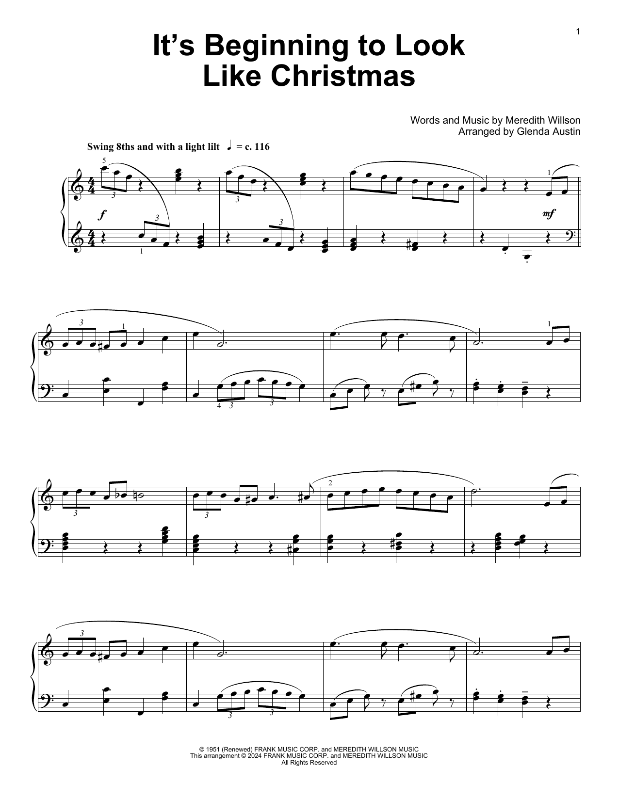 Meredith Willson It's Beginning To Look Like Christmas (arr. Glenda Austin) sheet music notes and chords. Download Printable PDF.