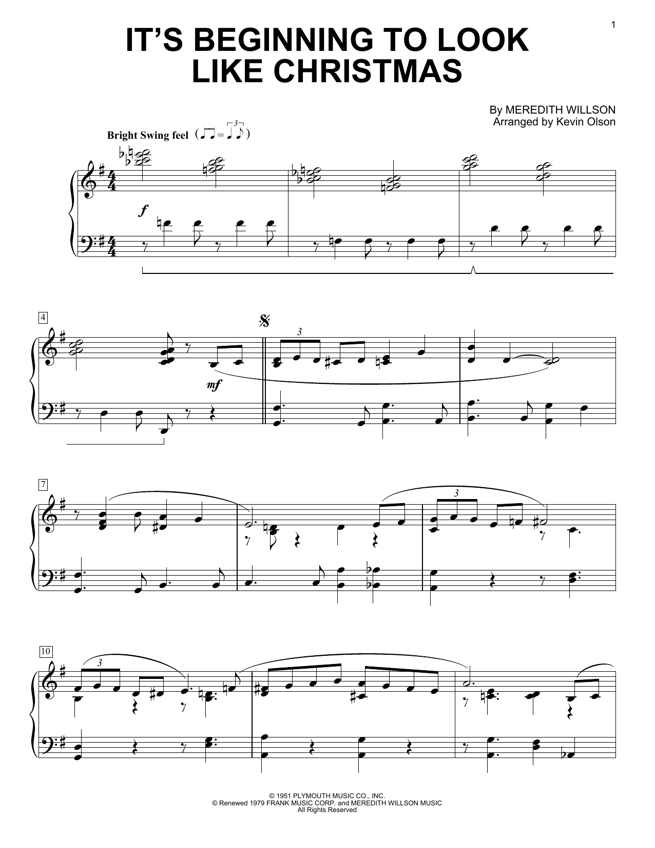 Meredith Willson It's Beginning To Look Like Christmas (arr. Kevin Olson) sheet music notes and chords. Download Printable PDF.