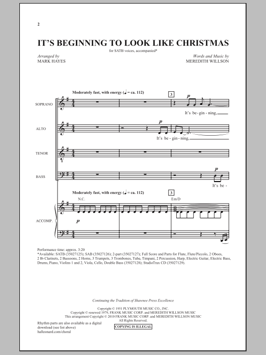 Meredith Willson It's Beginning To Look Like Christmas (arr. Mark Hayes) sheet music notes and chords. Download Printable PDF.