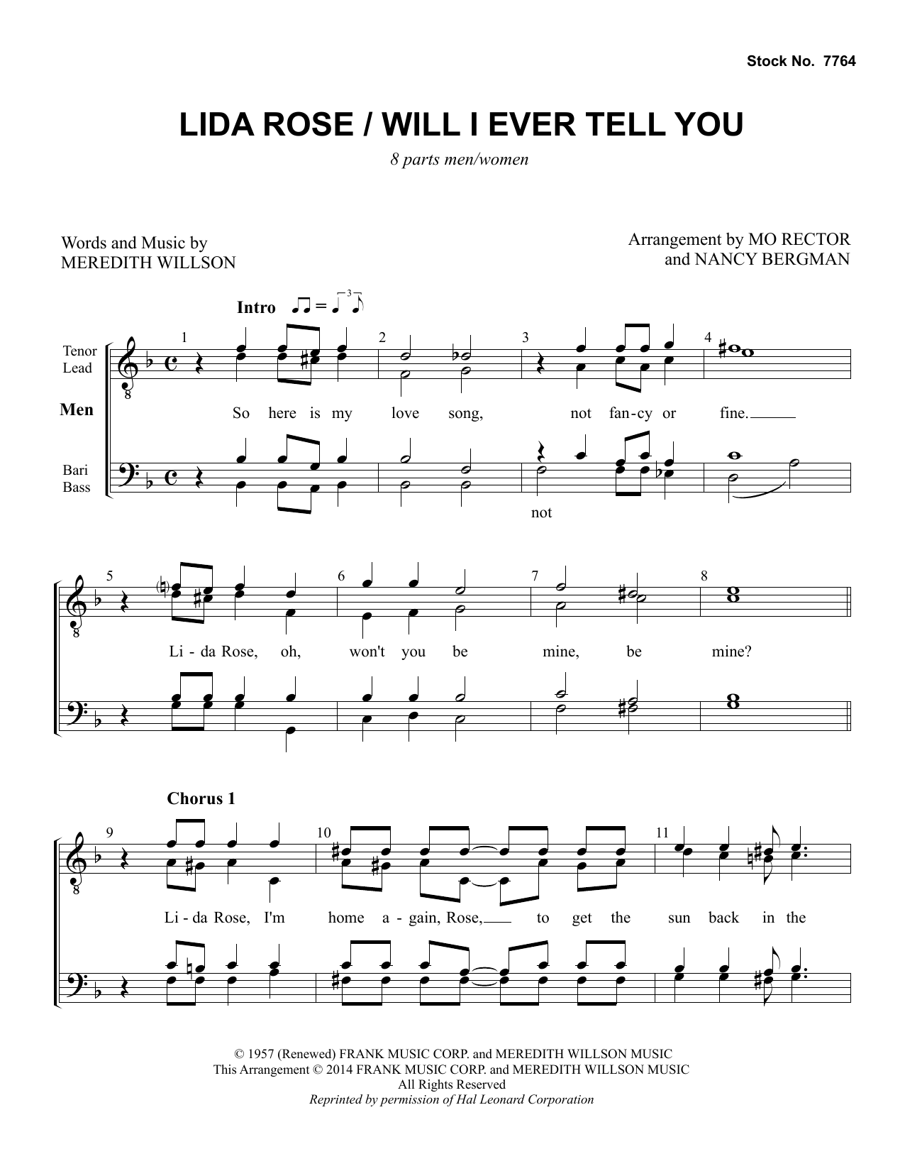 Meredith Willson Lida Rose/Will I Ever Tell You (from The Music Man) (arr. Nancy Bergman, Mo Rector) sheet music notes and chords. Download Printable PDF.