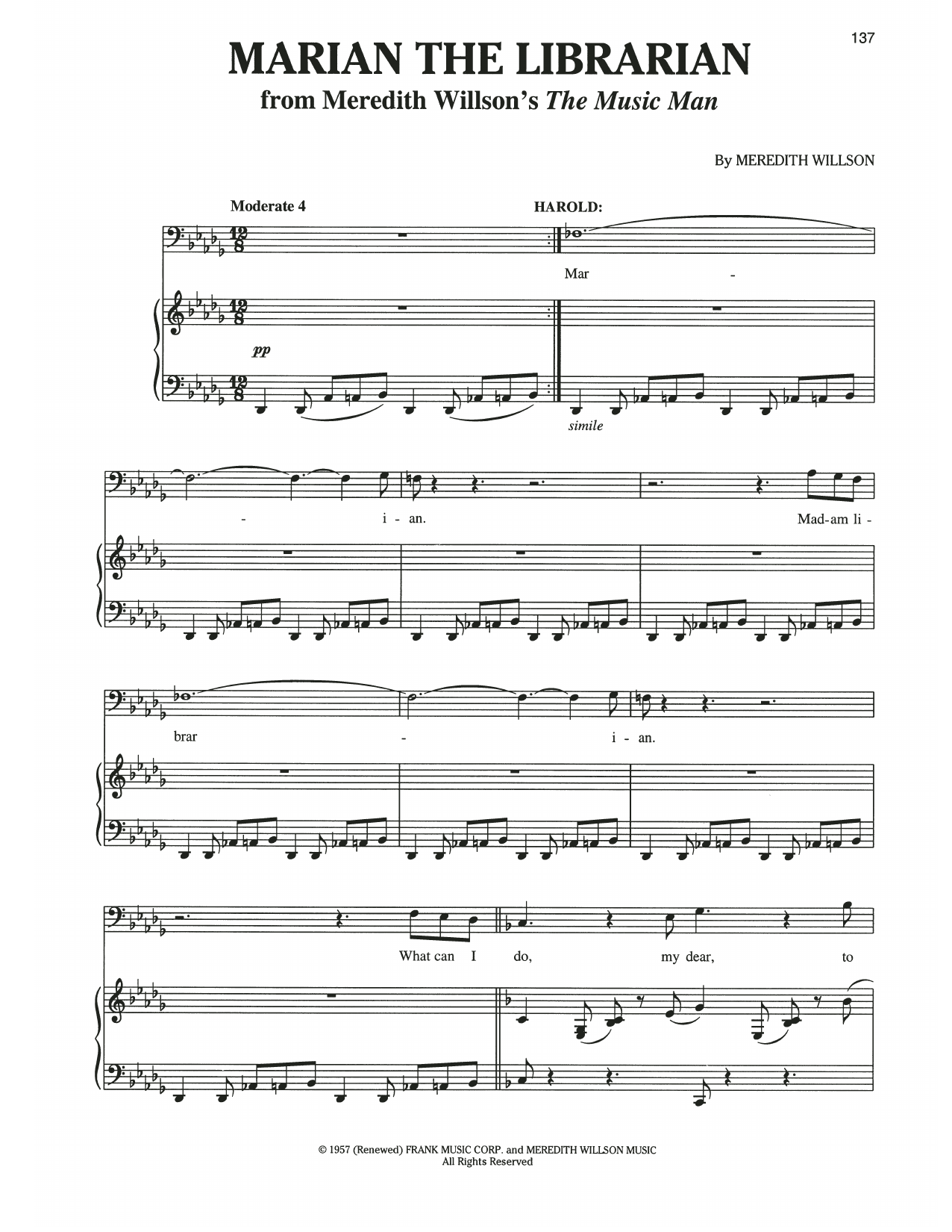 Meredith Willson Marian The Librarian (from The Music Man) sheet music notes and chords. Download Printable PDF.