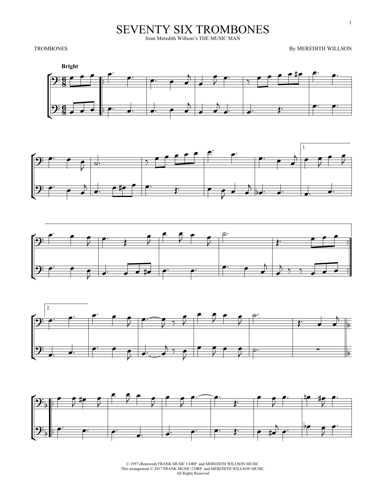 Meredith Willson Seventy Six Trombones (from The Music Man) sheet music notes and chords. Download Printable PDF.