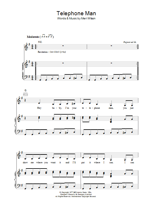 Meri Wilson Telephone Man sheet music notes and chords arranged for Piano, Vocal & Guitar Chords