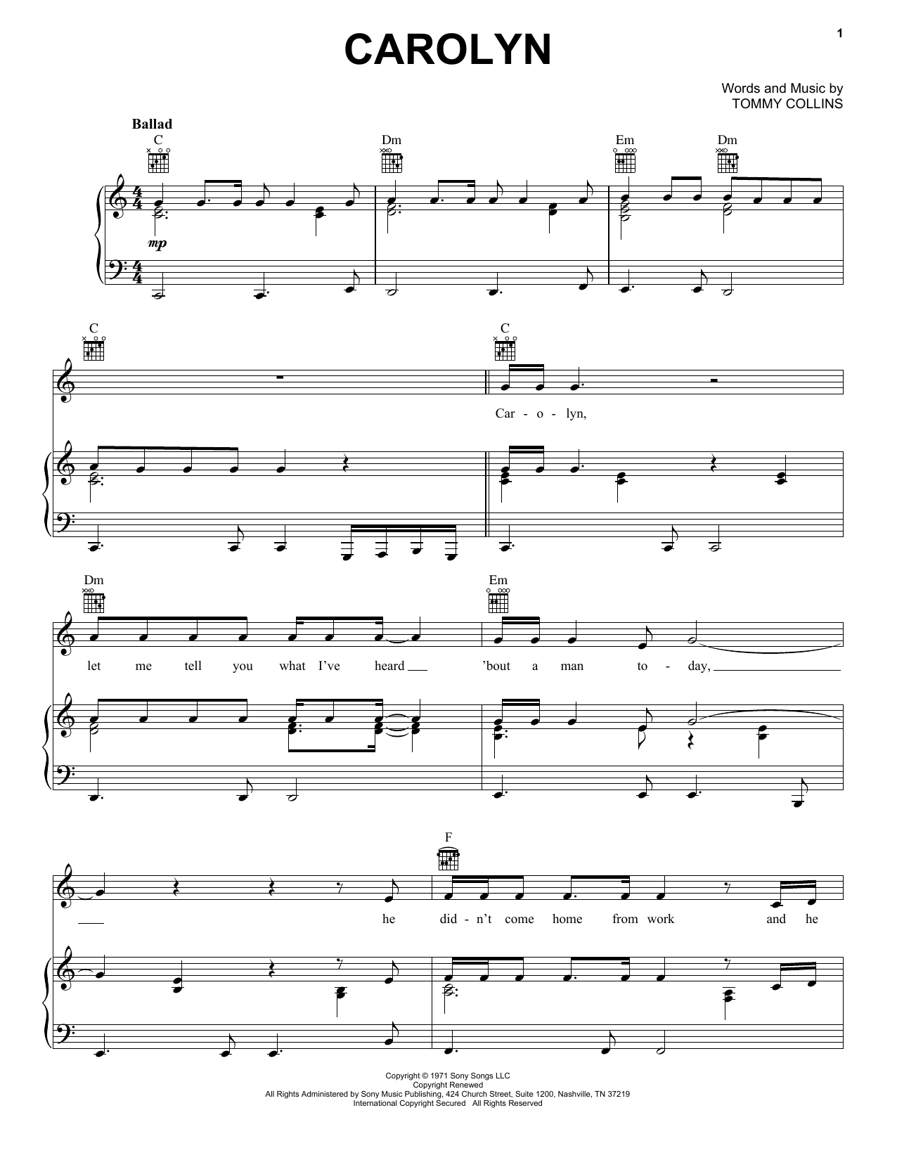 Merle Haggard Carolyn sheet music notes and chords arranged for Piano, Vocal & Guitar Chords (Right-Hand Melody)