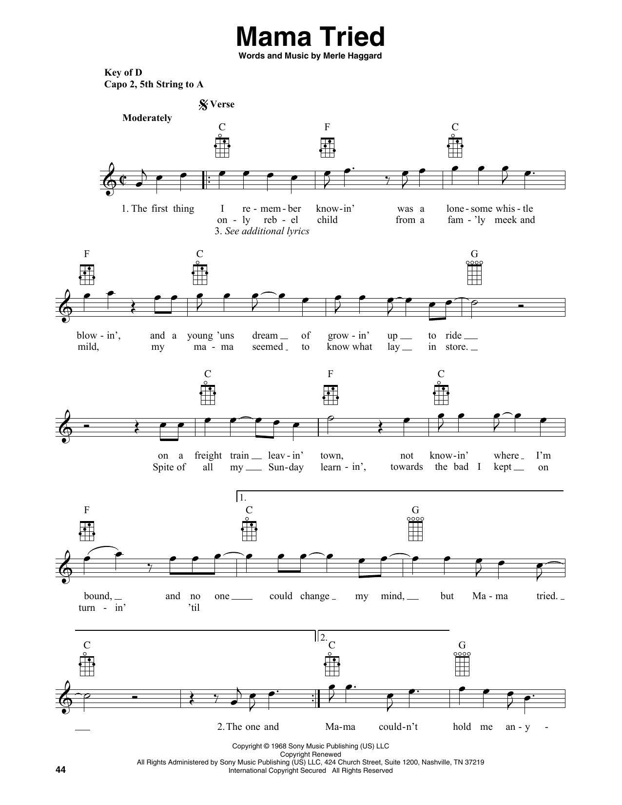 Merle Haggard Mama Tried (arr. Fred Sokolow) sheet music notes and chords. Download Printable PDF.