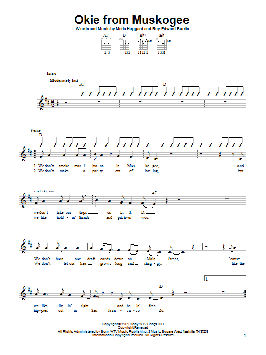 Merle Haggard Okie From Muskogee sheet music notes and chords. Download Printable PDF.