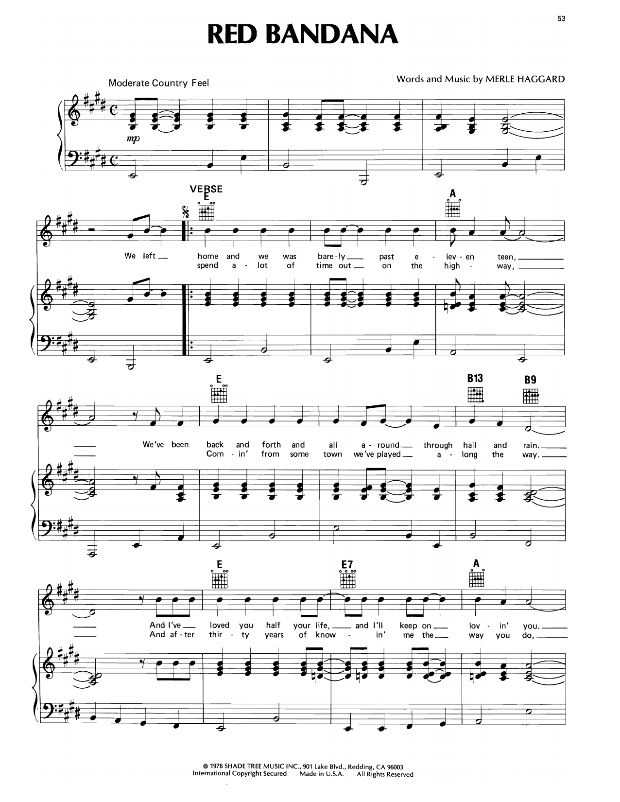 Learn to play Merle Haggard Red Bandana sheet music for Piano, Vocal & Guitar Chords (Right-Hand Melody) in minutes. Price: 7.8900$ Merle Haggard Red Bandana sheet music notes and chords arranged for Piano, Vocal & Guitar Chords (Right-Hand Melody)