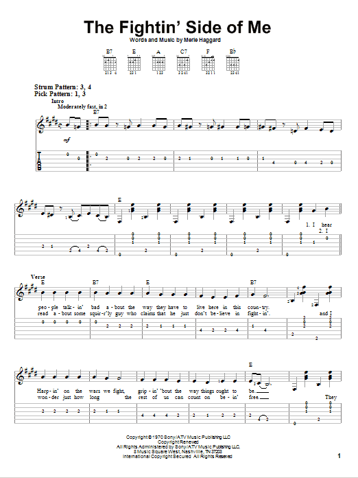 Merle Haggard The Fightin' Side Of Me sheet music notes and chords. Download Printable PDF.