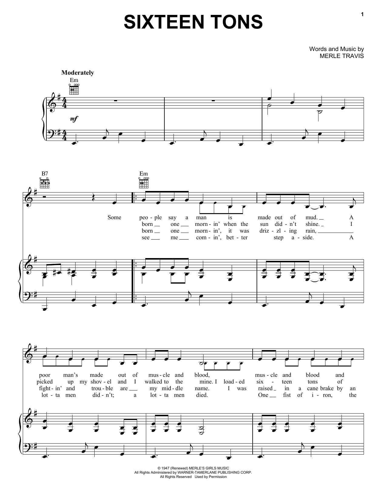 Merle Travis Sixteen Tons sheet music notes and chords. Download Printable PDF.