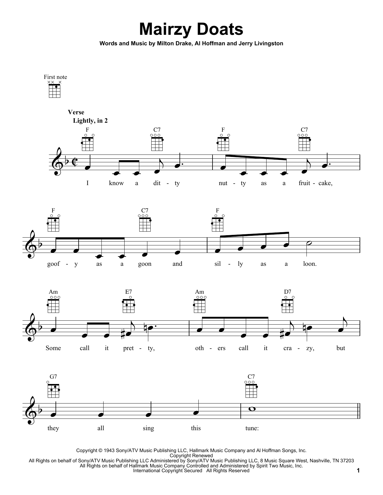 Learn to play Merry Macs Mairzy Doats sheet music for Easy Lead Sheet / Fake Book in minutes. Price: 5.9900$ Merry Macs Mairzy Doats sheet music notes and chords arranged for Easy Lead Sheet / Fake Book