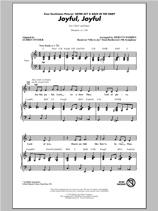 Mervyn Warren Joyful, Joyful (from Sister Act 2) (arr. Audrey Snyder) sheet music notes and chords. Download Printable PDF.