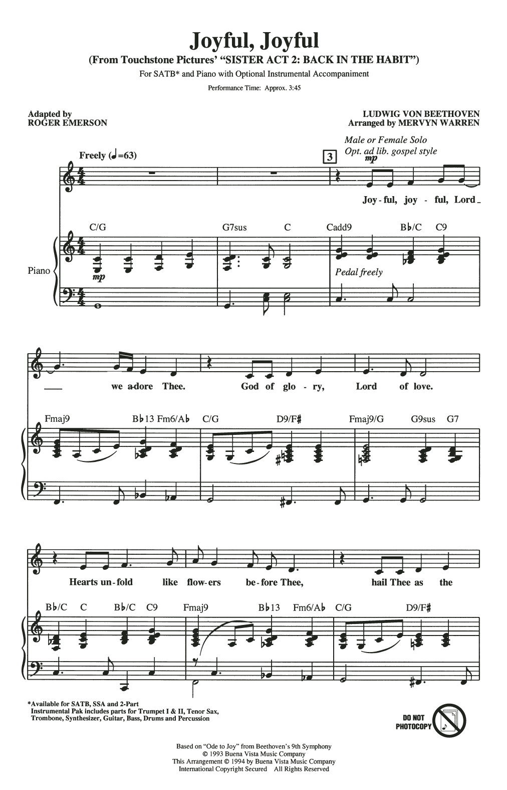 Mervyn Warren Joyful, Joyful (from Sister Act 2) (arr. Roger Emerson) sheet music notes and chords. Download Printable PDF.