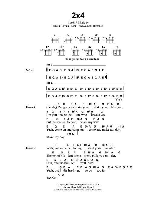 Metallica 2x4 sheet music notes and chords. Download Printable PDF.