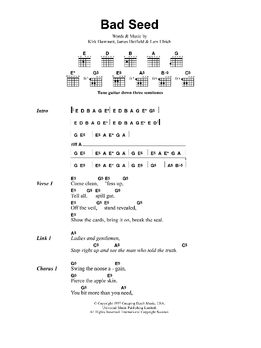 Metallica Bad Seed sheet music notes and chords. Download Printable PDF.