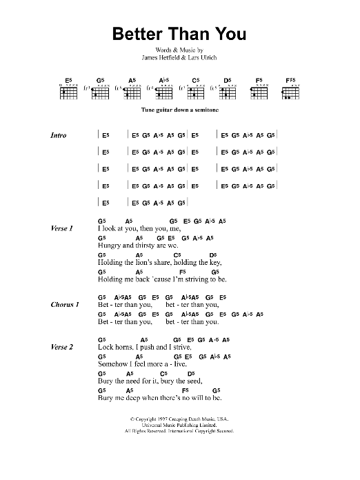 Metallica Better Than You sheet music notes and chords. Download Printable PDF.