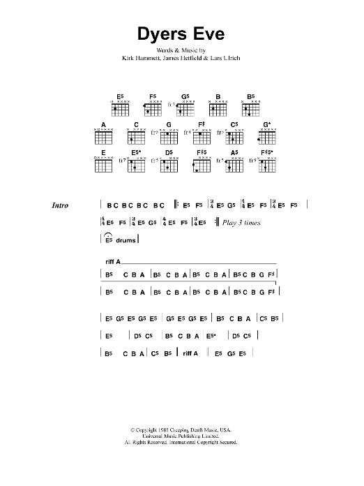 Metallica Dyer's Eve sheet music notes and chords. Download Printable PDF.