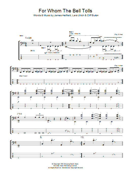 Metallica For Whom The Bell Tolls sheet music notes and chords. Download Printable PDF.