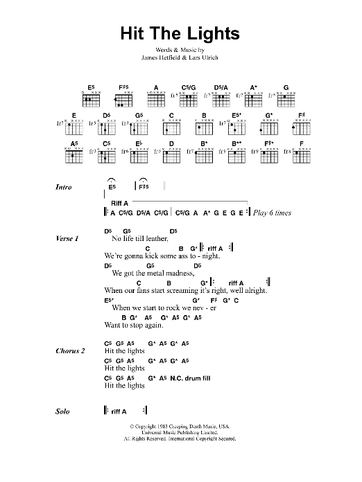 Metallica Hit The Lights sheet music notes and chords. Download Printable PDF.